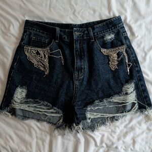 Cider Dark Blue Distressed Denim Shorts with Rhinestone Embellishment